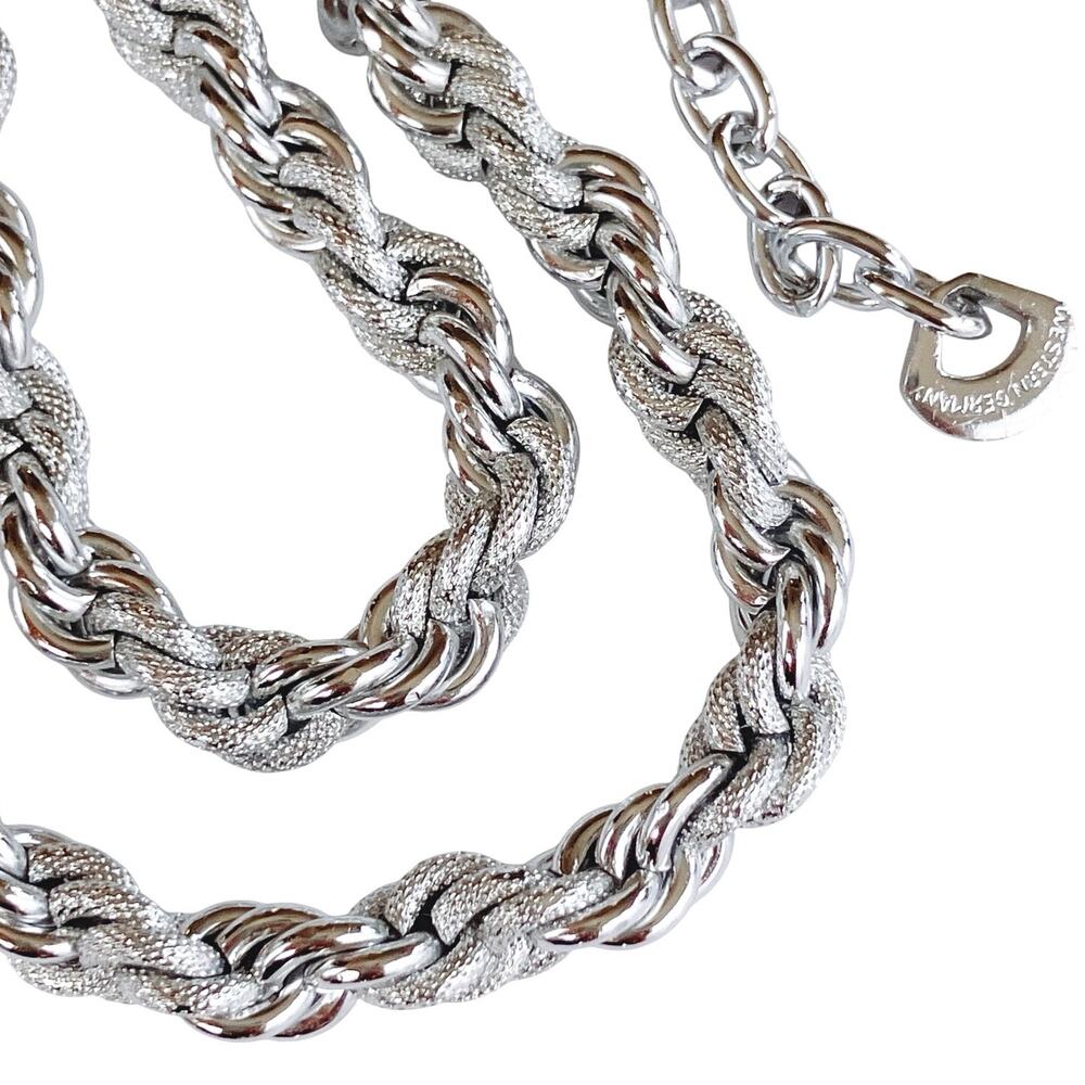 VTG Mid Century Silver Tone Rope Chain Necklace West Germany Adjustable 15"-17"